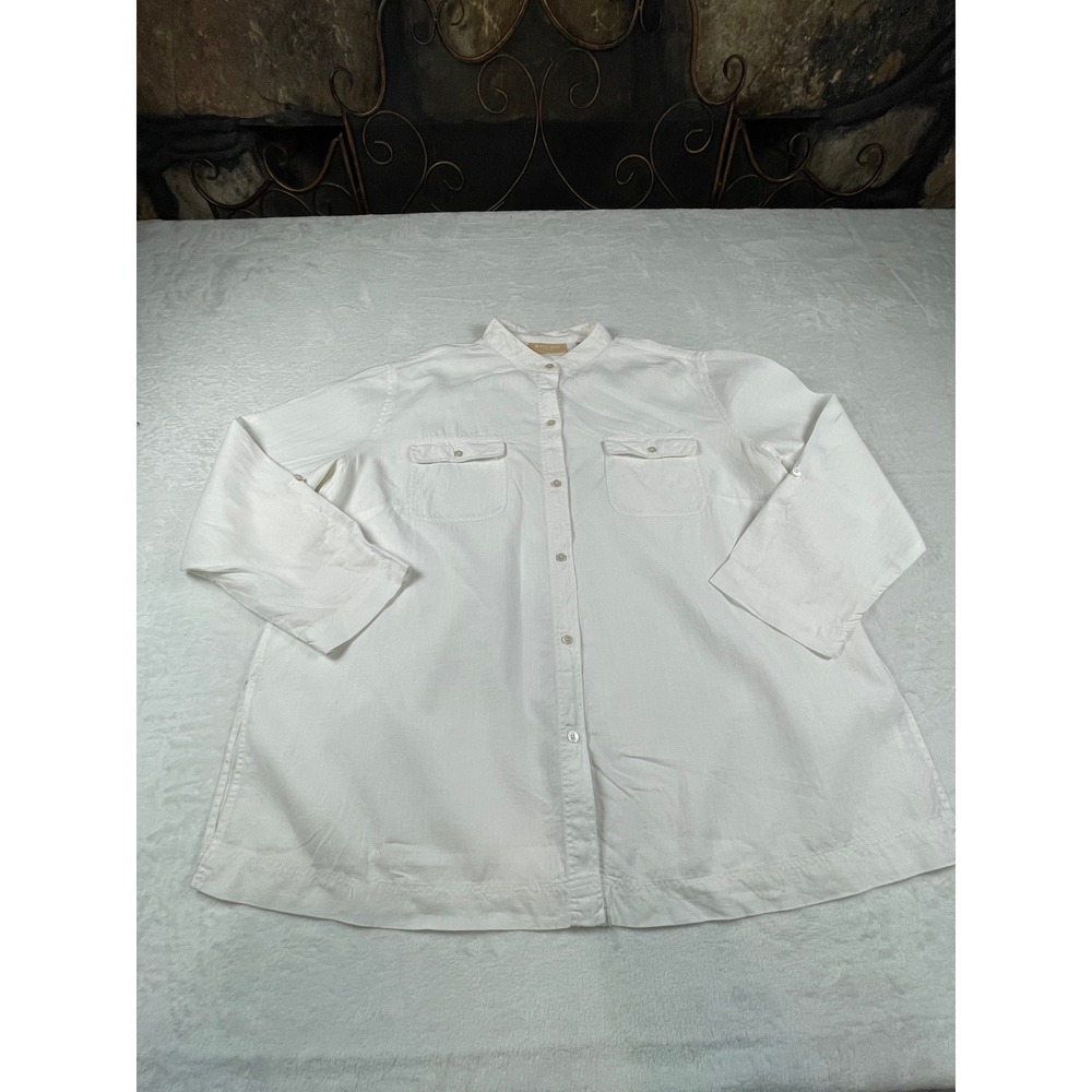 Kate Hill Woman White 100% Linen Mandarin Collar Button Down Shirt Plus Size 2X